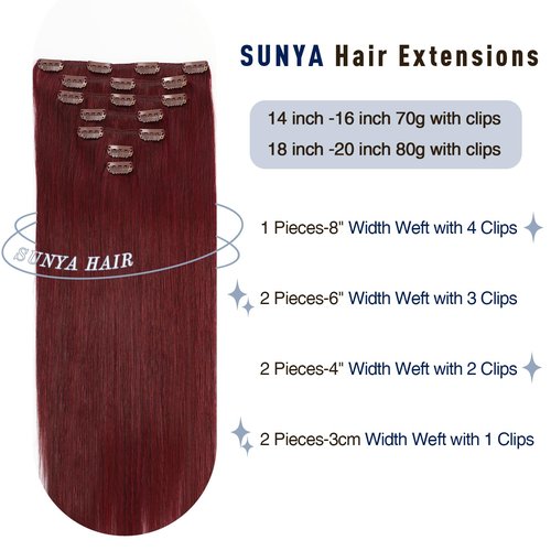 Sunya Clip in Hair Extensions Real Human Hair 7 Pcs Human Hair Clip in Extensions 14 Inch Straight Double Weft Remy Human Hair Extensions Clip ins for Women #99J Burgundy 70G