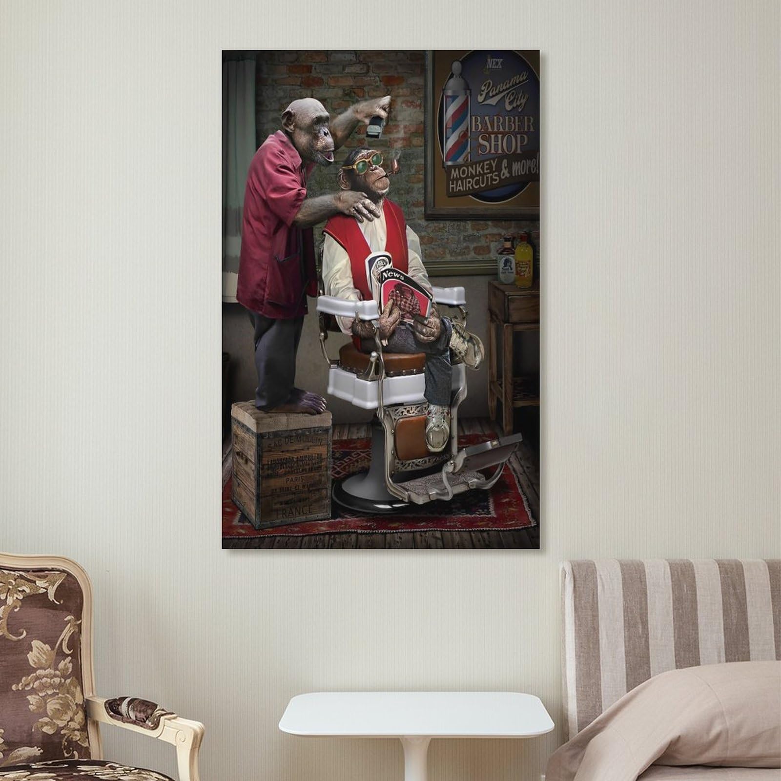 Barber Shop Monkey Haircuts Poster Decorative Painting Bathroom Decor Living Room Canvas Wall Art UnFramed,16x24inch(40x60cm)