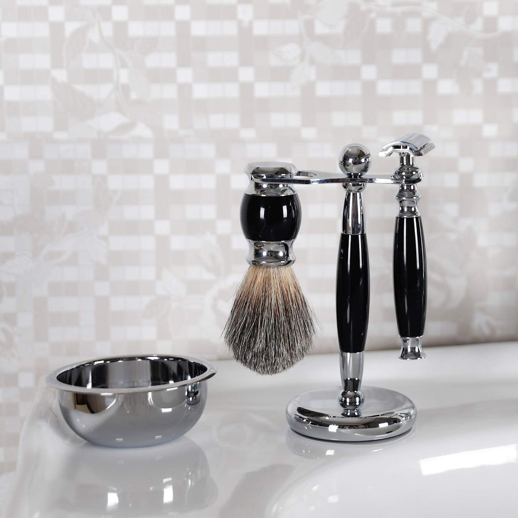 SANWA Deluxe Stainless Steel Shaving Brush Stand Holder for Razor & Brush Weighted Base Black Handle