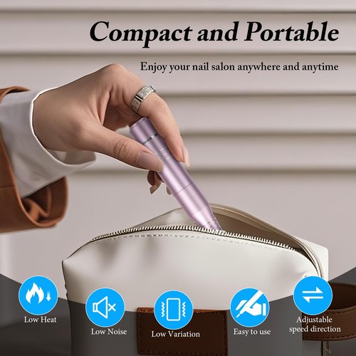 QPVZX Electric Nail Drill, Ultra-Quiet Low Vibration Electric Nail File, Portable Electric Nail File for Crystal Gel Nails, Manicure and Pedicure Tools Polishing Set for Home and Salon Use (Pink Set)