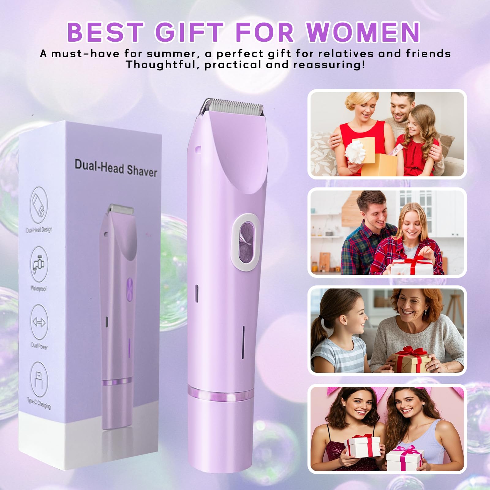 2025 New Electric Womens Shaver, 2-in-1 Body Shaver & Bikini Trimmer for Women, Waterproof Wet & Dry Use Body Hair Electric Razor Trimmer for Bikini Underarm Leg Arm Body Face (Purple)