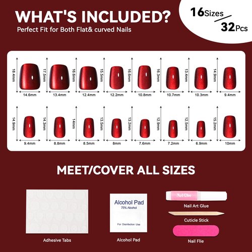 CUZIAM Wine Red Cat Eye Press on Nails Short Square, 32Pcs 16 Sizes Soft Gel Dark Black Red Glue on Nails for Women, Glossy Reusable Natural Fit Full Cover Stick on Nails Coffin Fake False Nails Kit