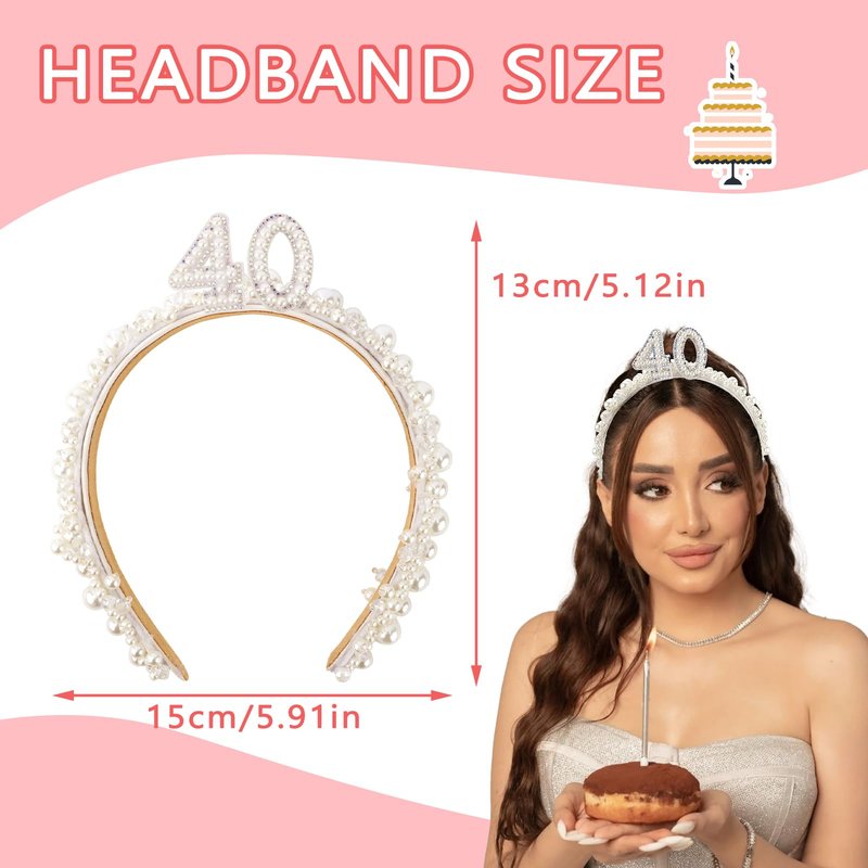 Vovii 40th Birthday Headband for Women, 40th Birthday Crown for 40th Birthday Outfit Dress for Women, Birthday Headband with Pearl for 40th Birthday Decorations, Happy 40th Birthday Decorations