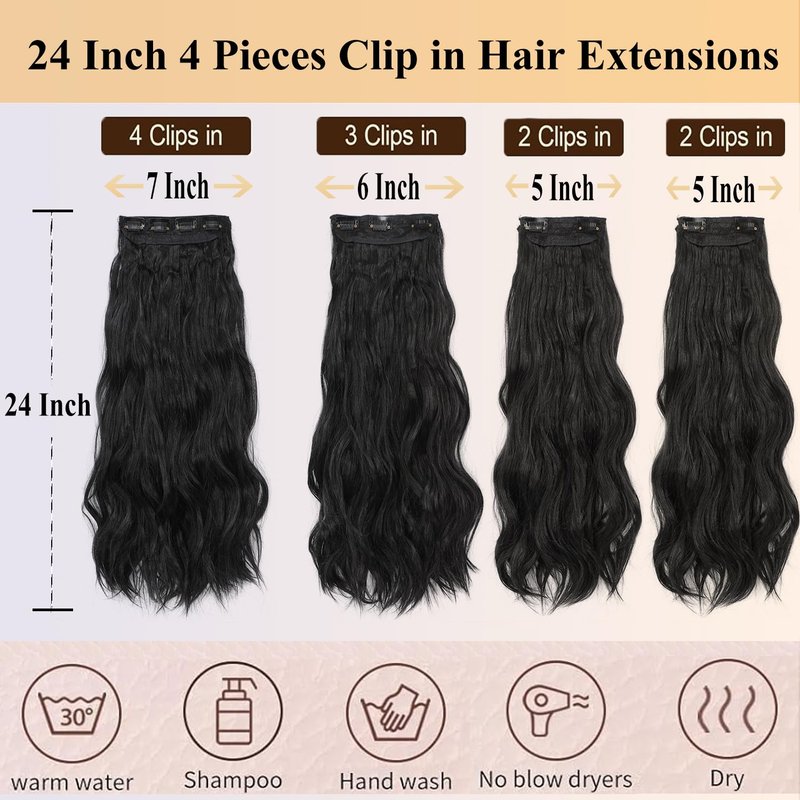 XSASLYET 24 Inch Clip in Hair Extensions 4 Pcs - Curly hair Extensions Clip Ins, Soft Natural Look Synthetic Fiber, Lightweight, Long Use with Secure Invisible Clips, Daily Wear(1B)