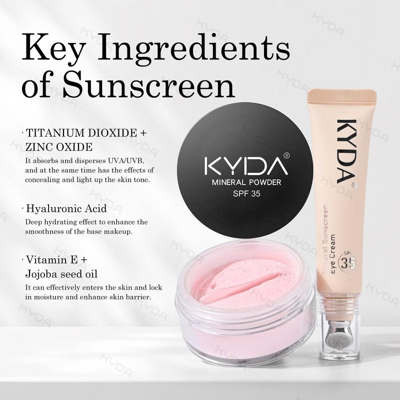 KYDA 6 Pcs Pink Mineral Under Eyes Concealer Kit, Included Eyes Concealer Cream+Loose Setting Powder, SPF 35, Eyes Color Corrector Set, Conceal Dark Circles with Brushes & Puffs