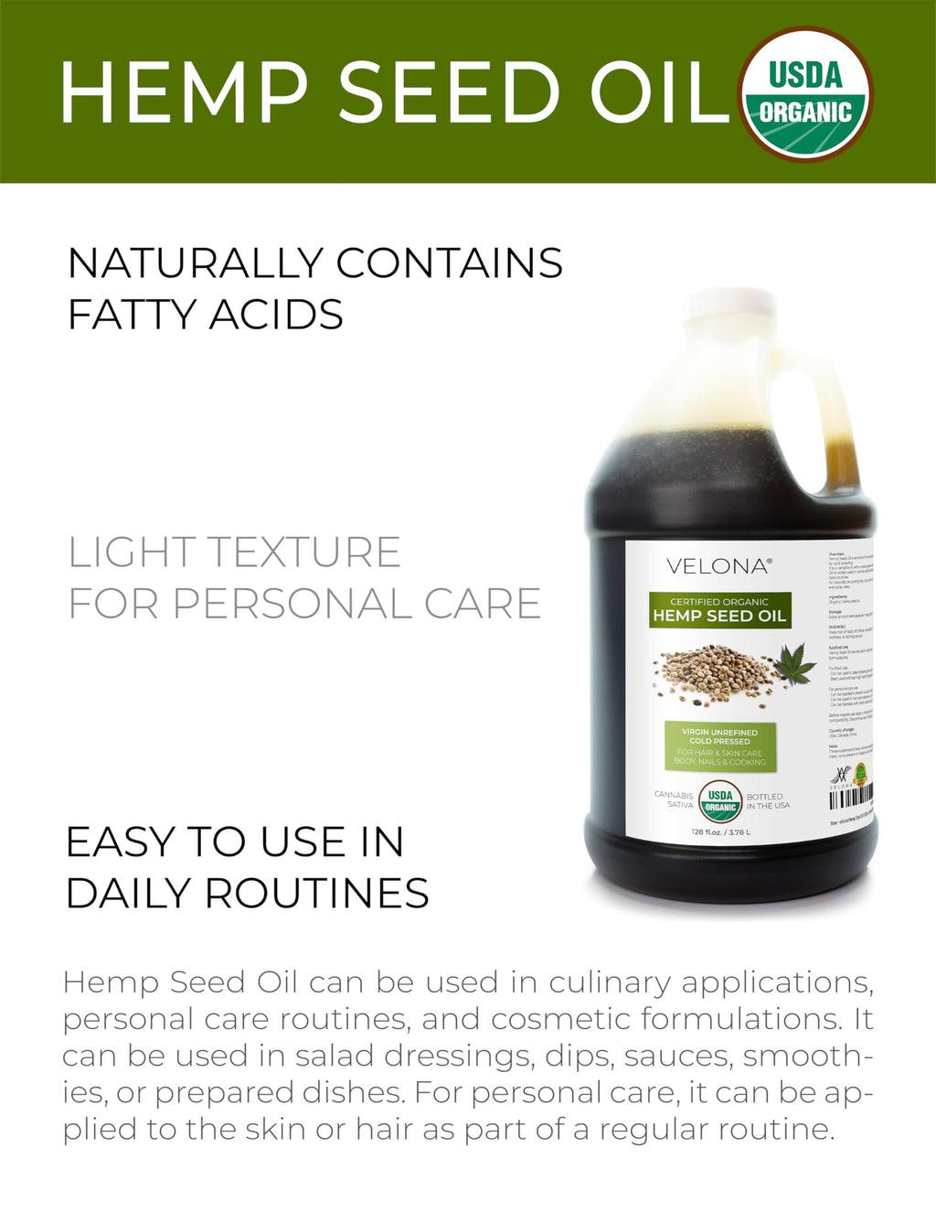 velona Hemp Seed Oil USDA Certified Organic - 64 Fl Oz | 100% Pure and Natural Carrier Oil | Unrefined, Cold Pressed | Hair, Body, Face & Skin Care