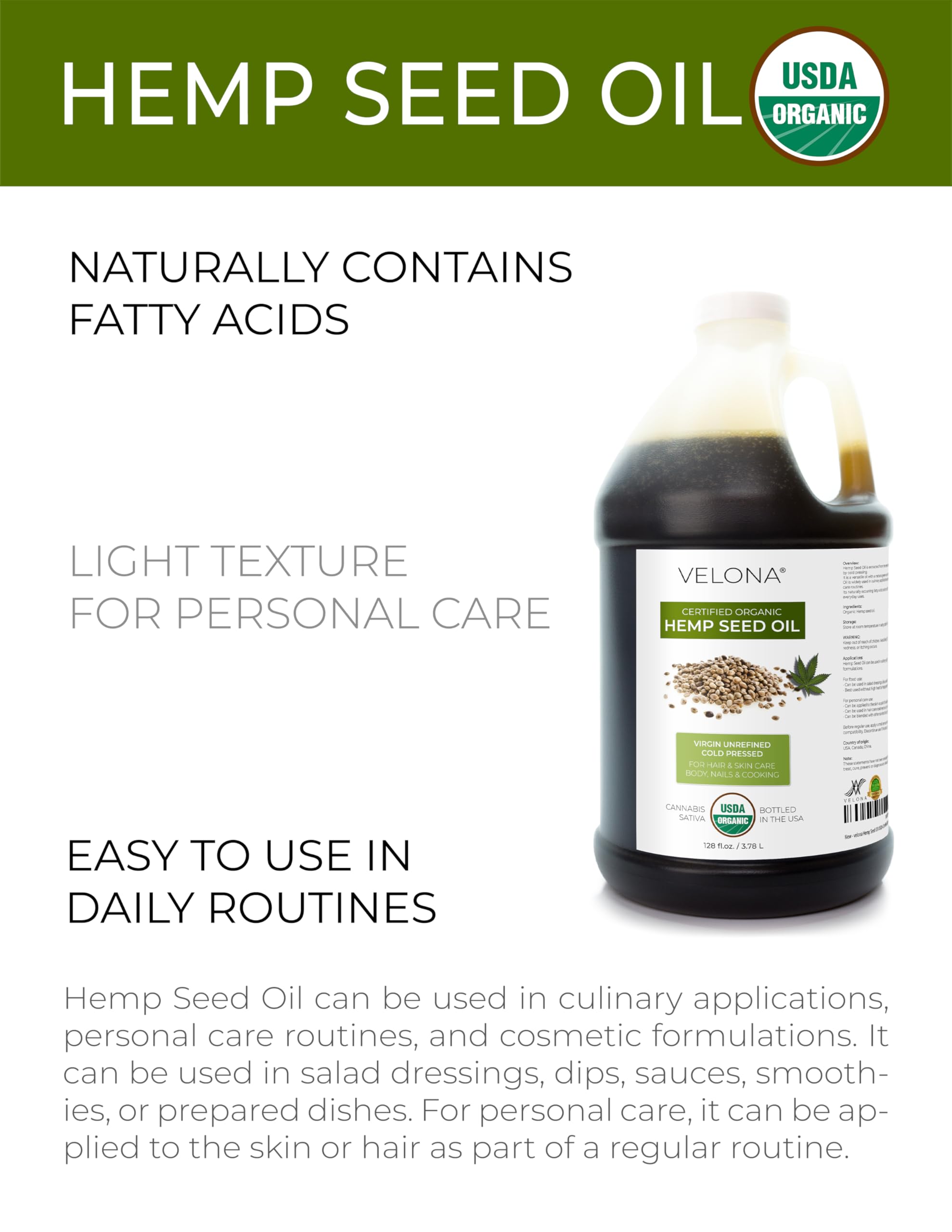 velona Hemp Seed Oil USDA Certified Organic - 64 Fl Oz | 100% Pure and Natural Carrier Oil | Unrefined, Cold Pressed | Hair, Body, Face & Skin Care