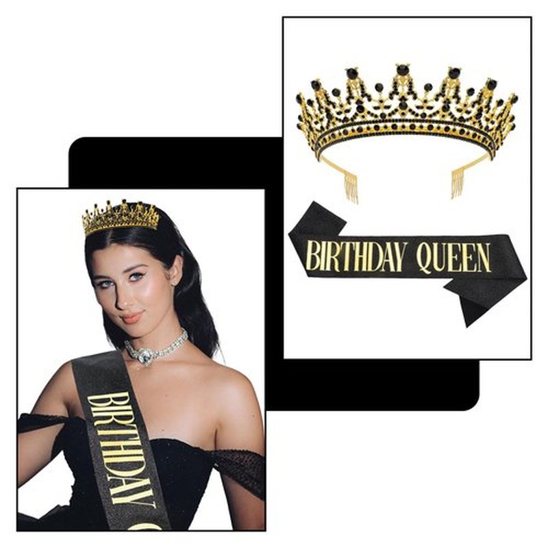GAFATORY Black Gold Birthday Queen Crown and Sash for Women Birthday Crowns Decorations Tiara and Sash for Women Princess Tiara with Comb Princess Crown Girl Tiara Party for Girls