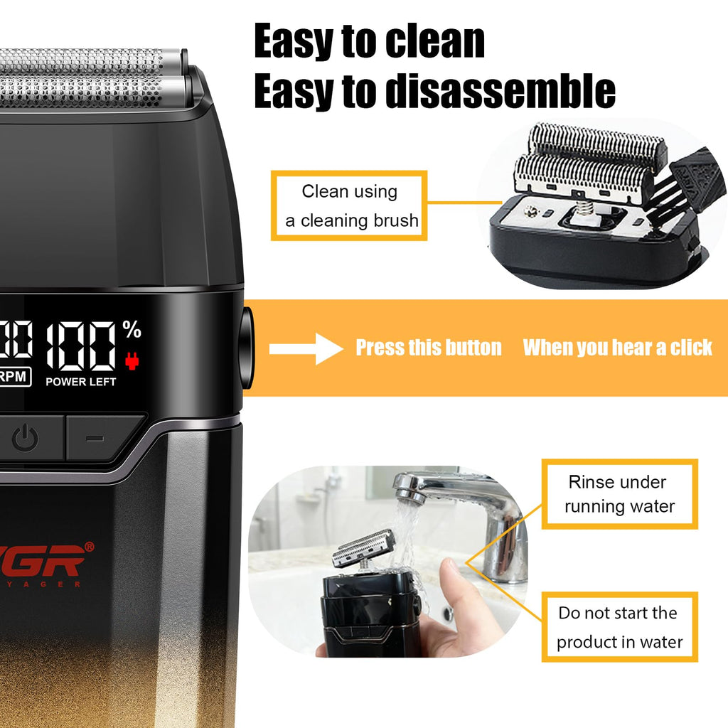 VGR 308 Electric Shavers for Men, Professional Double Foil Shaver 9000RPM Cordless Head Shaver with Titanium Foils, LED Display, USB Rechargeable Men's Electric Razor for Face & Beard, Gold