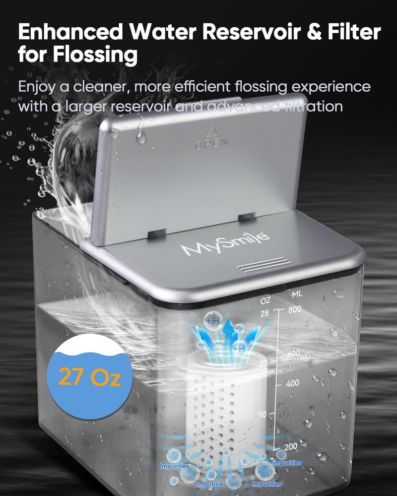 MySmile LP233 Pro UVC Sterilizable Countertop Water flossers for Teeth 800ML Digital Display Electric Oral Irrigator with a Water Filter 3 Modes and 6 Jet Tips (Frosted Silver)