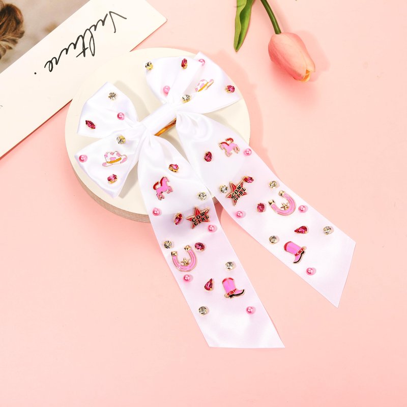 Western Hair Bows for Women Howdy Cowgirl Hair Bow Clips Cowboy Hat Boot Hair Ribbons Jeweled Big Pink Hair Bows Western Hair Accessories Bachelorette Rodeo Nashville Cowgirl Outfits Gifts (Pattern C)