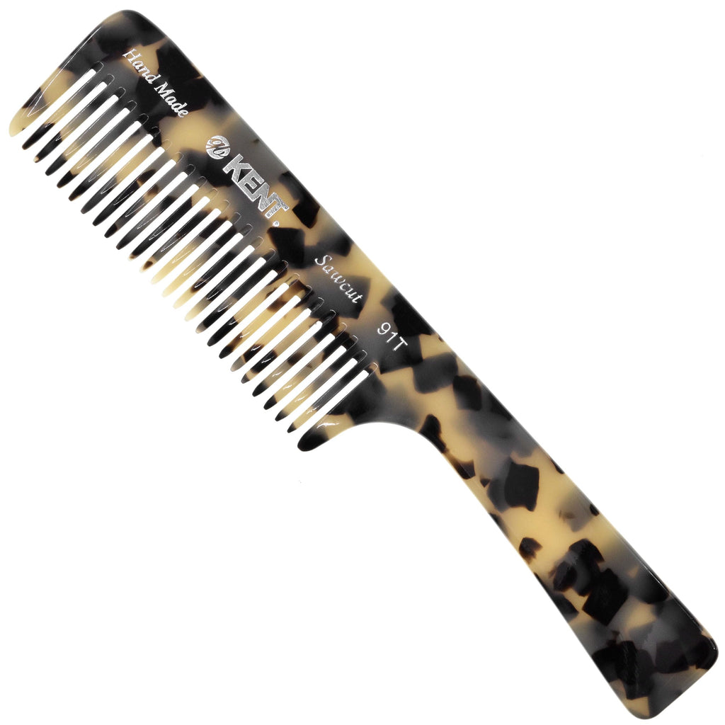 Kent 91T TW Detangler Comb for Women, Wide Tooth Hair Comb for Curly and Wavy Hair - for use in Dry or Wet Hair, Large Handle Shower Comb for Effective Detangling, Handmade Sawcut and Polished