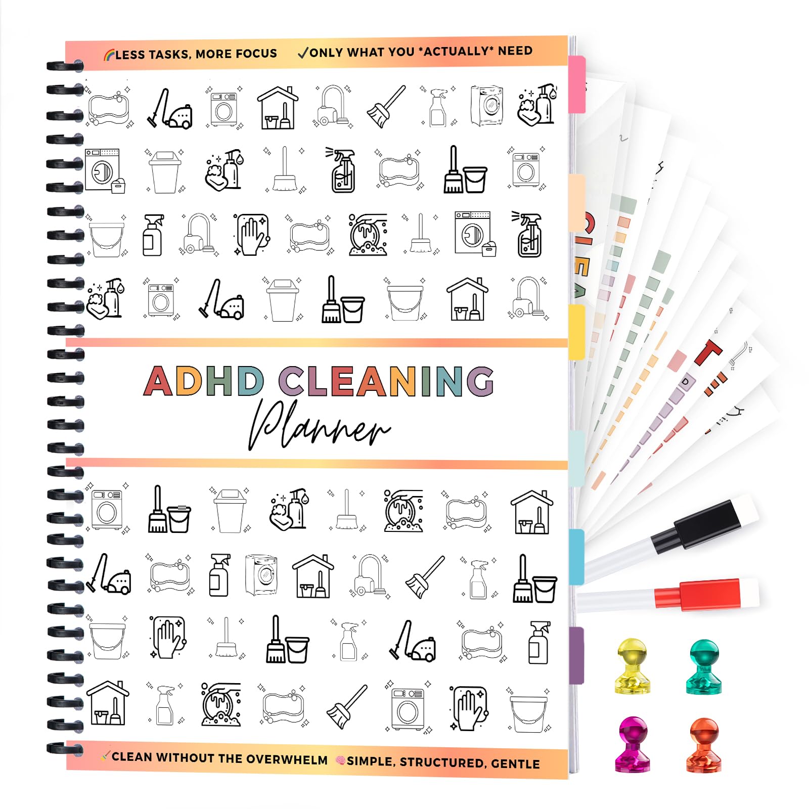 ADHD Cleaning Planner, Dry-Erase Sleeve + Paper Pages, Removable Ring Binder, Daily,Weekly,Monthly Plans, Cleaning Schedule and Checklist, ADHD Planner for Adults Women
