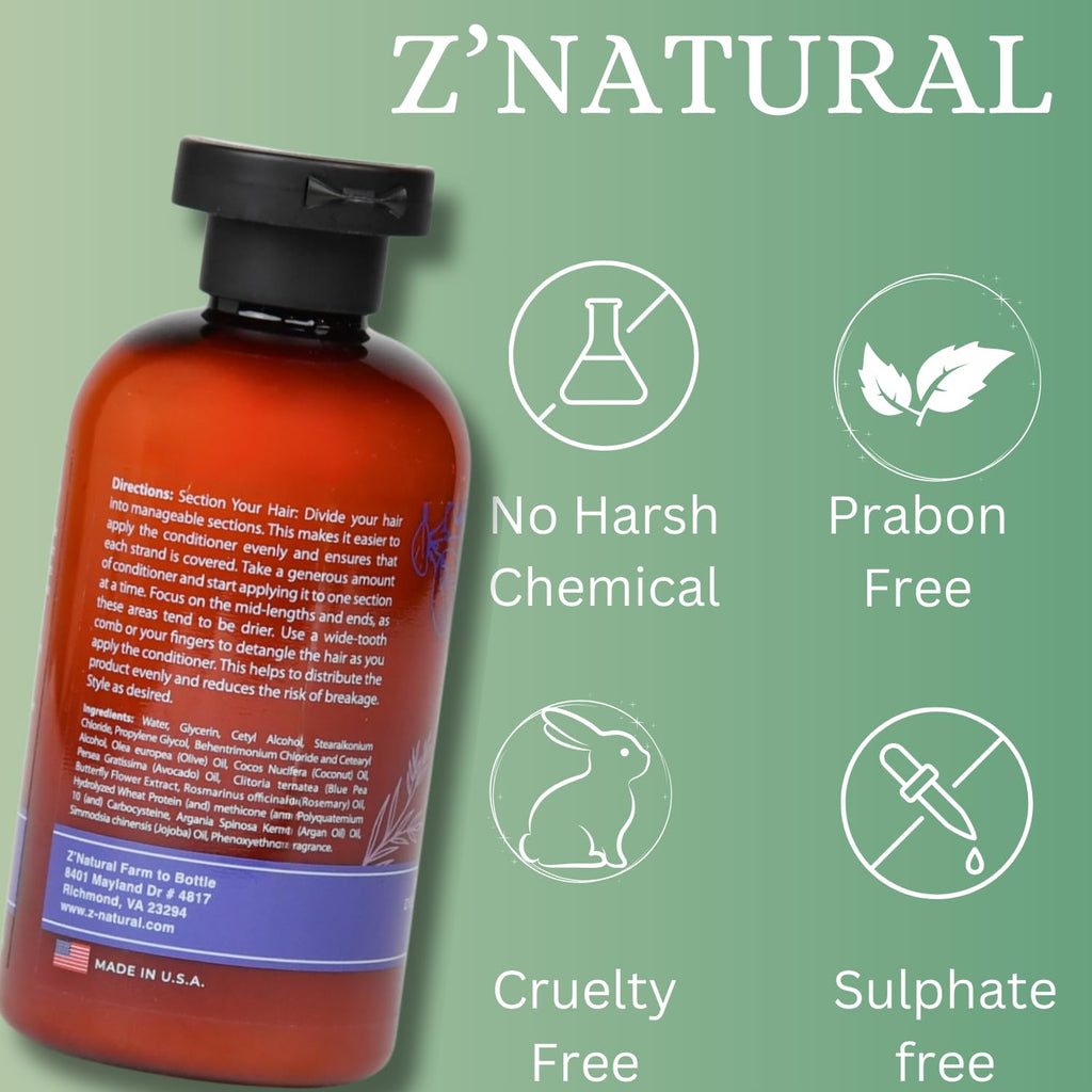 Z’Natural Leave-In Conditioner for Curly Hair - Deep Moisture & Detangling - Natural Blue Pea, Aloe Vera & Argan Oil - Sulfate & Paraben Free - 236ml