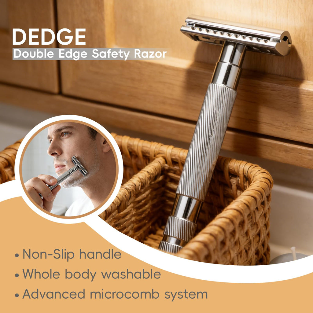 DEDGE Classic Double Edge Safety Razor Single Blade Razor For Men, Reusable Razor, with 5 Premium Razor Blades -Chrome