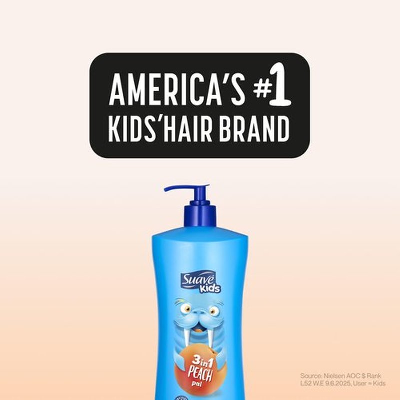 Suave Kids 3-in-1 Tear Free, Body Wash, Shampoo and Conditioners, Dermartologist Tested, Peach Pal, 28 Oz Pack of 4