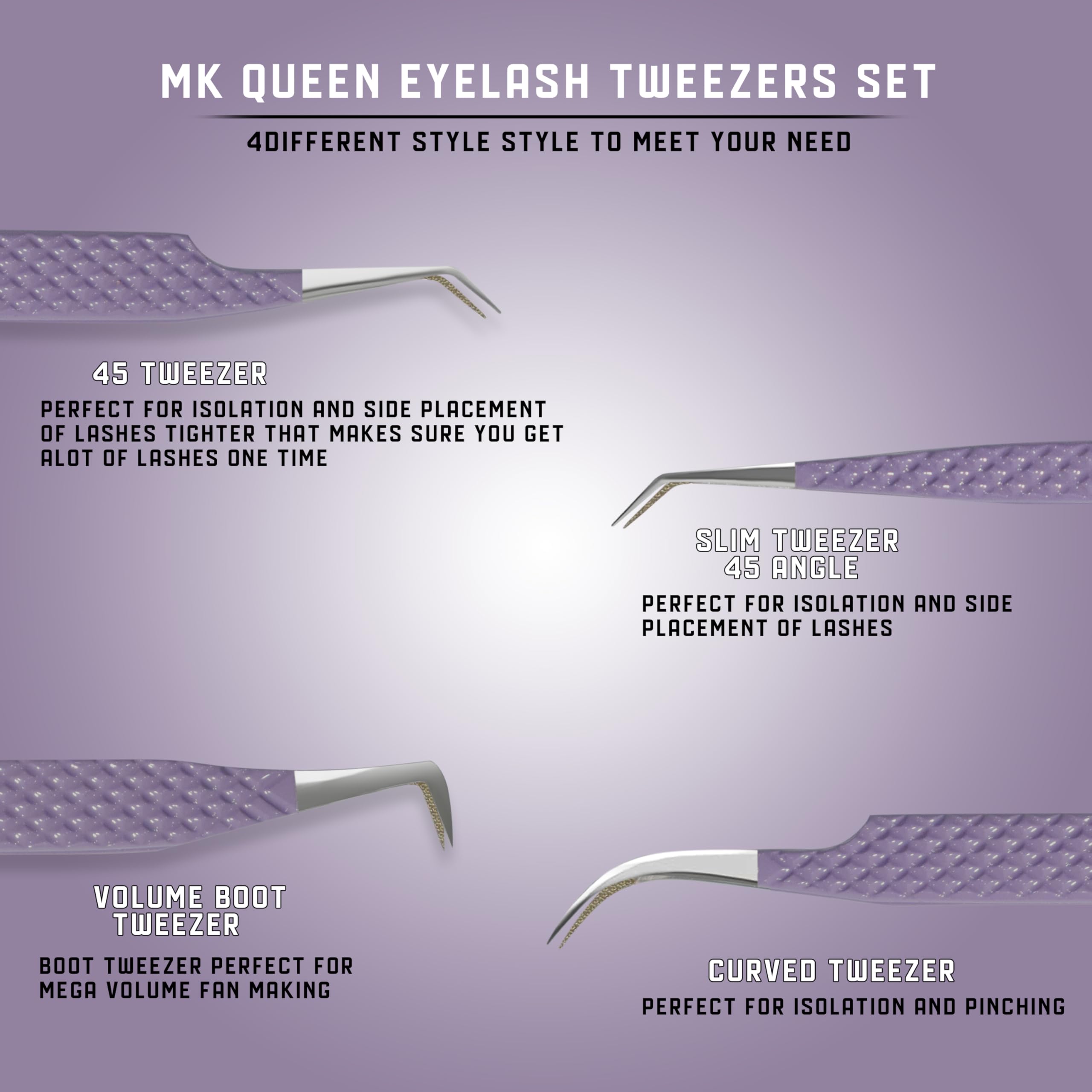 MK Queens Lash Tweezers - Stainless Steel Fiber Tip Eyelash Tweezers (Set of 4) - Diamond Grip Professional Lash Tweezers for Eyelash Extensions (Purple)