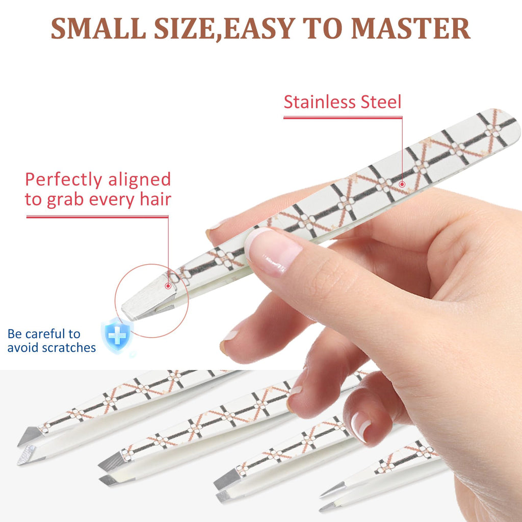 COSHAYSOO Aesthetic Tweezers Set for Women Facial Hair in Plaid Leather Case European Travel Summer Vacation Essentials, Female Coworker Beauty Gifts Eyebrow Ingrown Hair Splinter Removal Grooming Kit