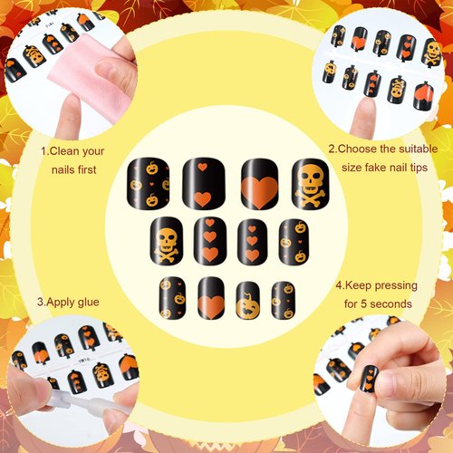 384 Pcs 16 Pack Halloween Press on Nails Halloween Short Fake Square False Nails Plastic Artificial Nail Tips Full Cover Coffin with Ghost Pumpkin Spider Pattern for Women(Vivid Pattern)