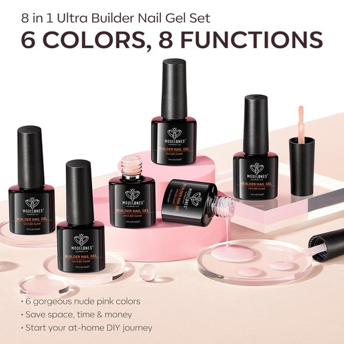 modelones Builder Nail Gel Polish Set, Base Colors Jelly Nude Pink Hard Strengthener Rubber Gel Polish 8-in-One Extension LED Nail Lamp Cured 6 Colors