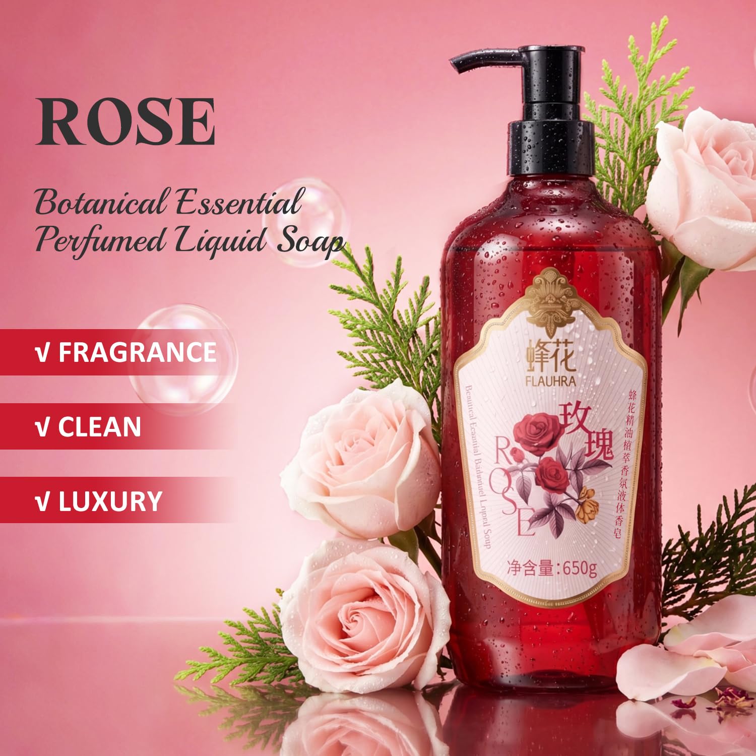 Bee & Flower Moisturizing Body Wash Rose Shower Gel Body Wash Botanical Essential Perfumed Liquid Bath Soap Gentle Cleansing and Moisturizing Dry and Sensitive Skin - 21.9 Fl Oz