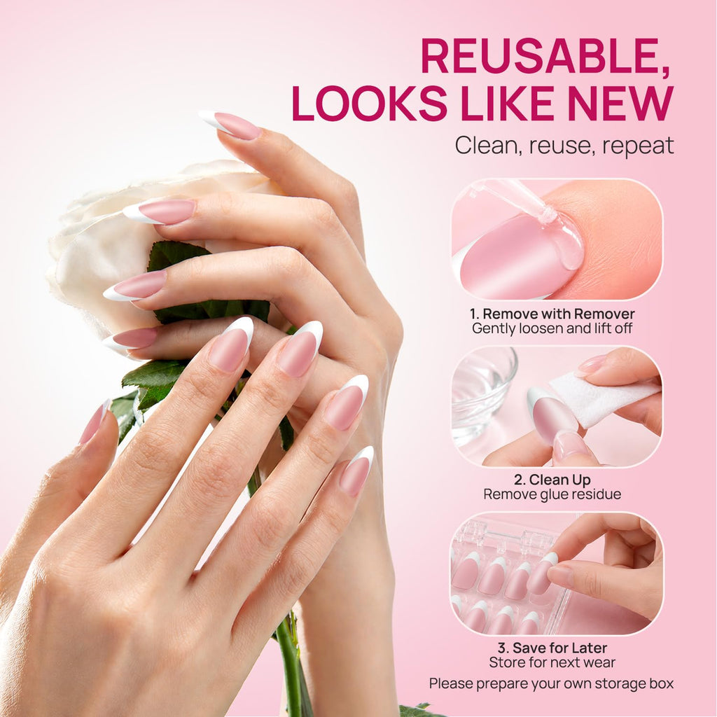 Krofaue French Tips Press On Nails – Pink Matte Short Almond Press On Nails, 15 Sizes Reusable Acrylic Nail Tips Soft Gel Nail Tips for Women Nail Salon & Home DIY