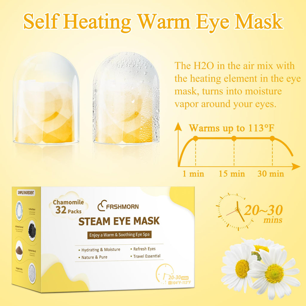 FRSHMORN 32Packs Steam Eye Mask, Heated Eye Mask for Sleeping, Warm Compress for Eyes, Self Heating Disposal Steam Mask for Home Sleep, Office, Spa, Travel Essentials Mothers Day Gifts (Chamomile)