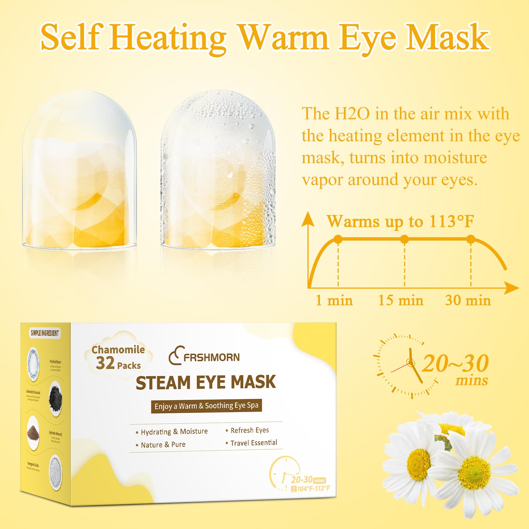 FRSHMORN 32Packs Steam Eye Mask, Heated Eye Mask for Sleeping, Warm Compress for Eyes, Self Heating Disposal Steam Mask for Home Sleep, Office, Spa, Travel Essentials Mothers Day Gifts (Chamomile)