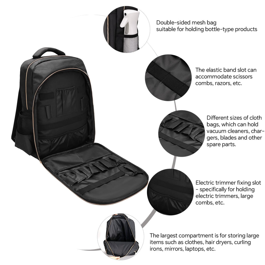 Barber Backpack for Men Women, Professional Barber Bag Case Organizer for Clippers and Supplies, Portable Cosmetology Hairstylist Travel Backpack with Barber Accessories Cape and Brush (Black)
