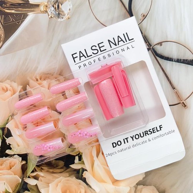LPOODDNU French Square Fake Nails, Pink Press-on Nails, Crystal Flowers, White Flowers, Acrylic, Extra Long, Full Cover, 24PCS