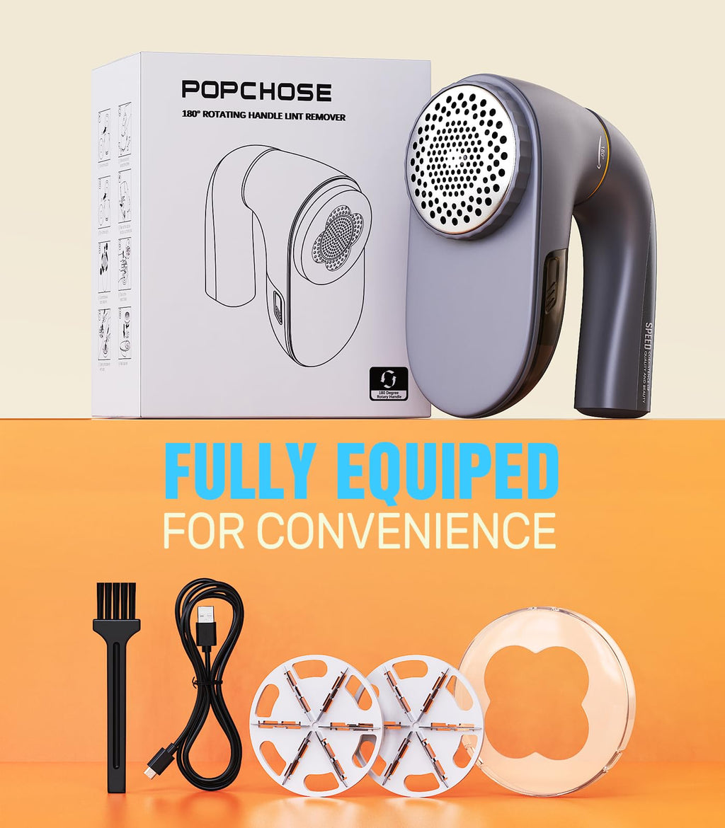 POPCHOSE Fabric Lint Shaver, 6-Leaf Blades & 2 Speed, 2000mAh Rechargeable