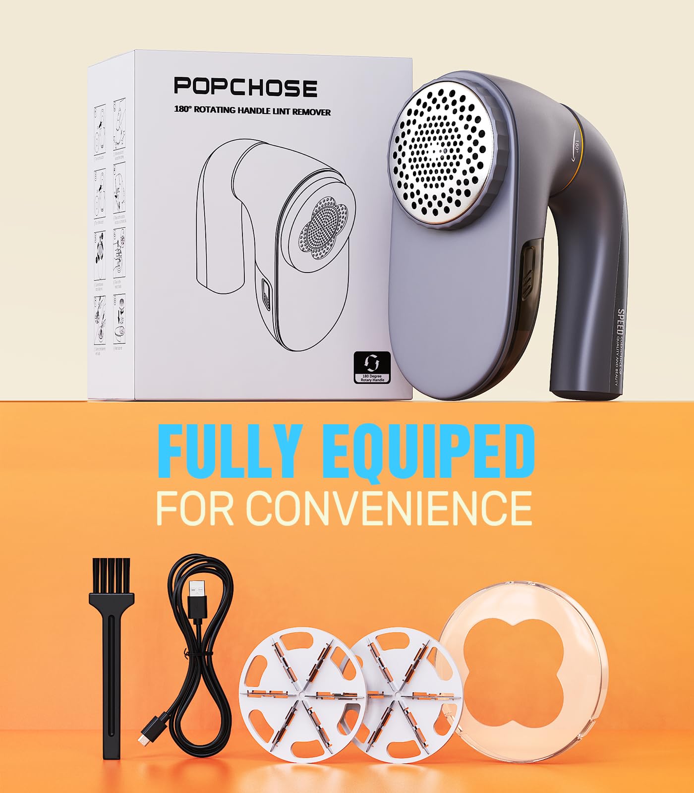 POPCHOSE Fabric Lint Shaver, 6-Leaf Blades & 2 Speed, 2000mAh Rechargeable