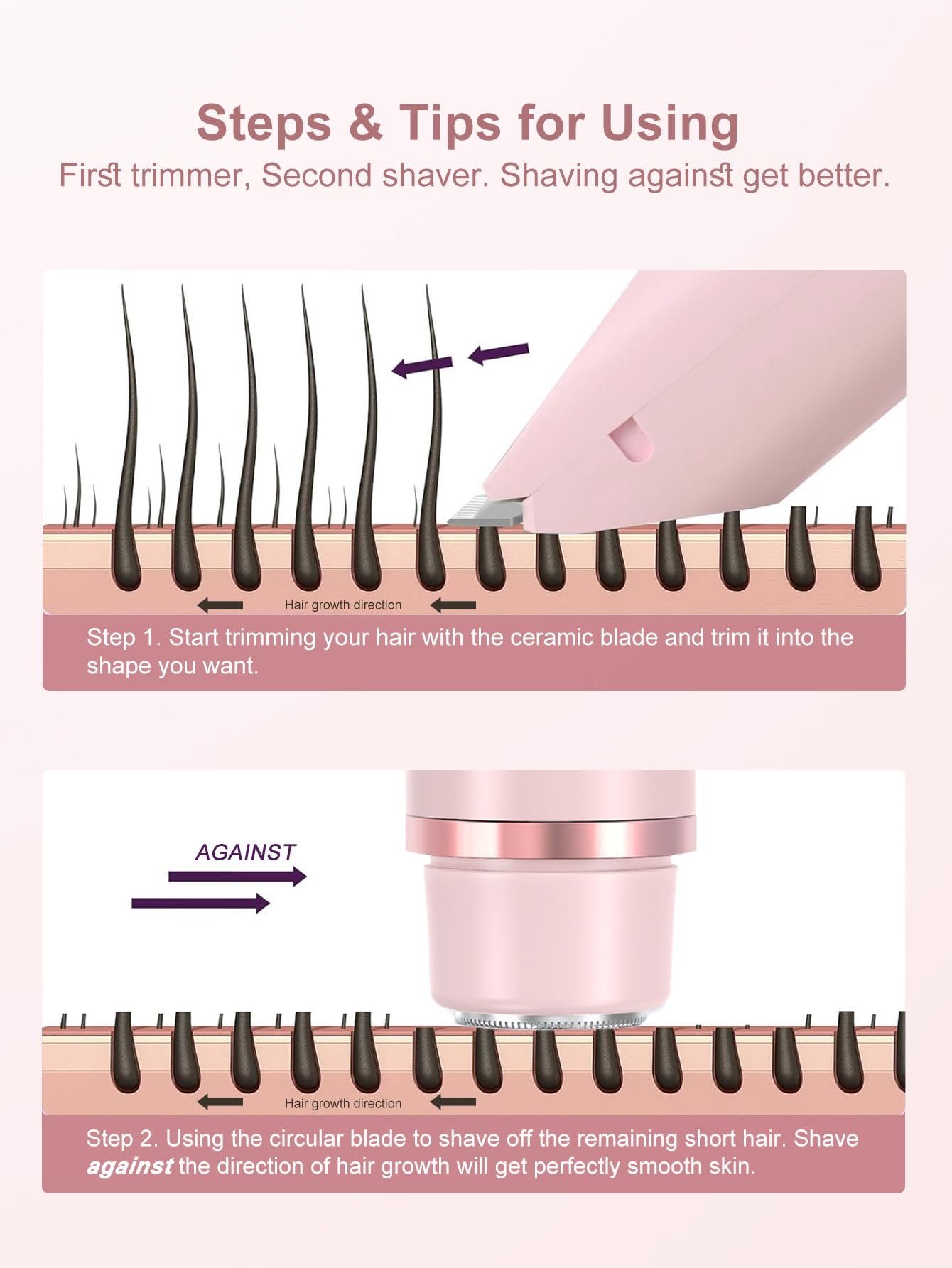 Joigivit 2 in 1 Bikini Trimmer for Women Dual Head Shaver Electric Razors Lady Pubic Hair, Ipx7 Waterproof Bikini Underarm Arm Leg Face Body Pink