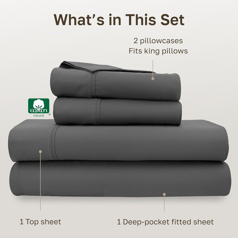 California Design Den King Sheet Set - 100% Soft Cotton, 400 Thread Count, Silky Smooth Sateen, Deep Pockets - Grey