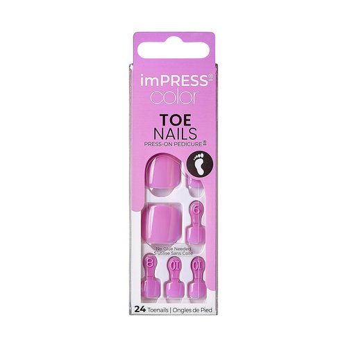 KISS imPRESS Color No Glue Pedi Press-On Toenails, Pink Squoval Shape, Includes 24 Nails, Prep Pad, 1 Manicure Stick, 1 Mini File