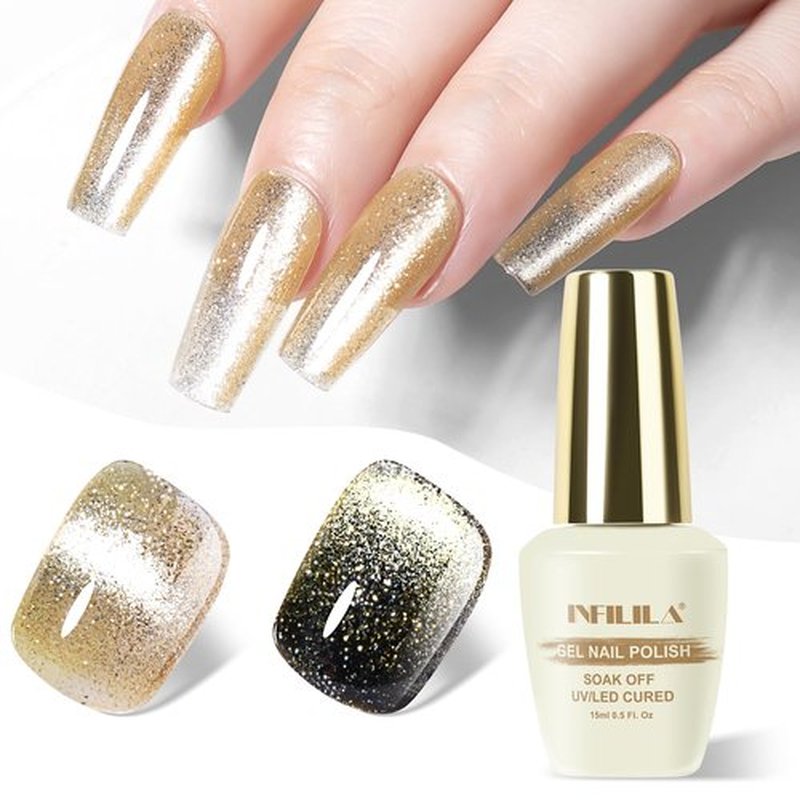 NXJ INFILILA Gold Cat Eye Gel Nail Polish, 0.5 oz Magnetic Gel Nail Polish, Gold Glitter Holographic, Soak Off Salon Gel for Home Use (G05)