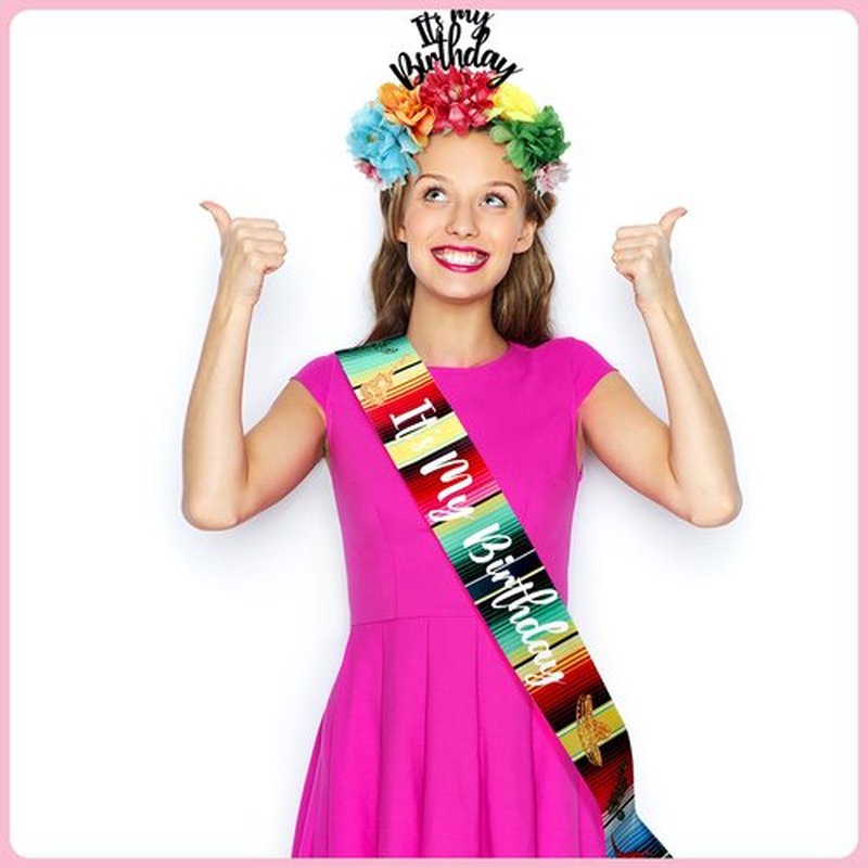 Hoteam 2 Pcs It's My Birthday Headband and Sash Mexican Flower Crowns Cinco de Mayo Satin Sash Fiesta Birthday Tiara Crown for Women