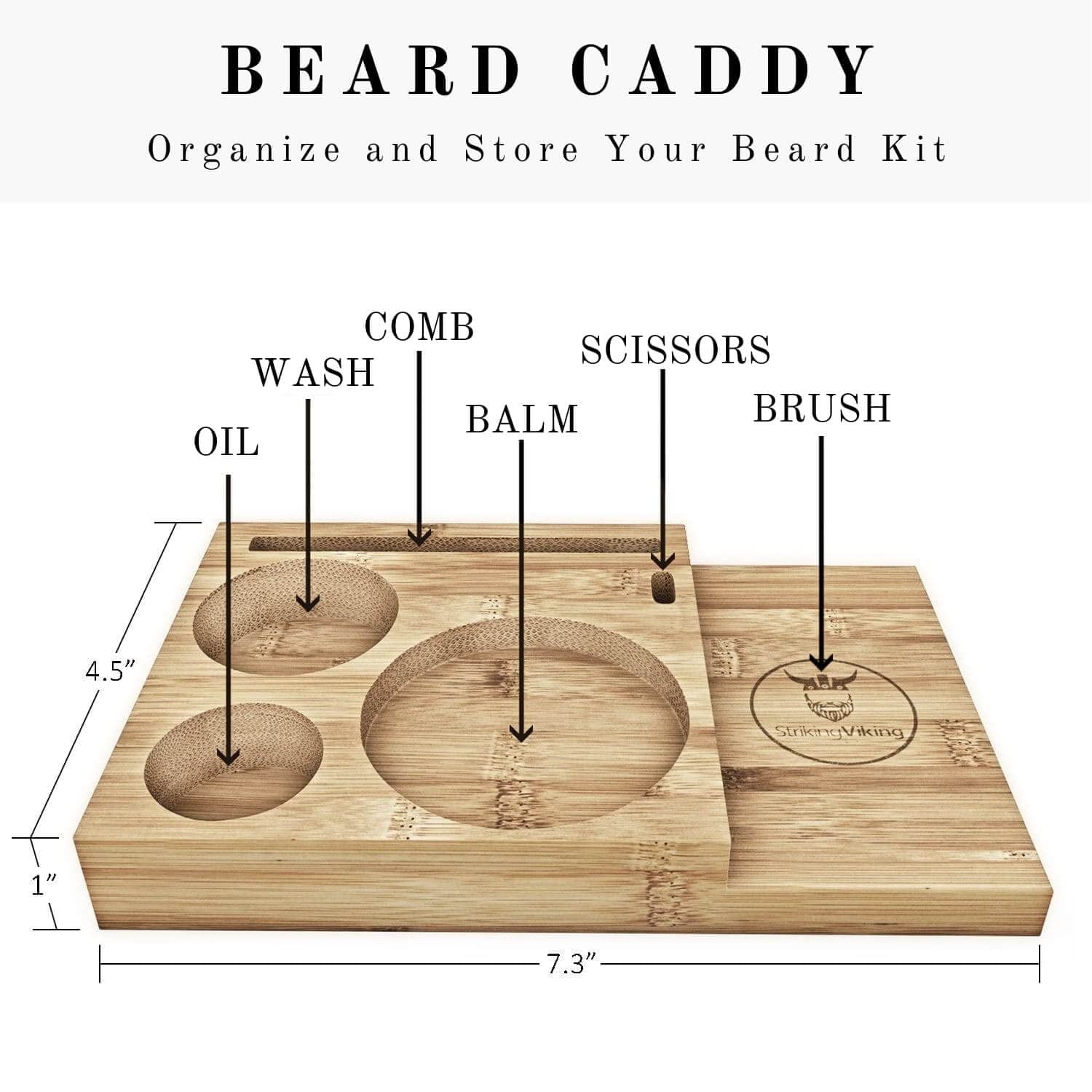 Striking Viking Beard Grooming Kit w Caddy - 7-Piece Set, Sandalwood - Softening Sandalwood Beard Oil & Balm - Brush with Mustache Comb & Scissors - Compact Caddy Organizer & Gifts for Men