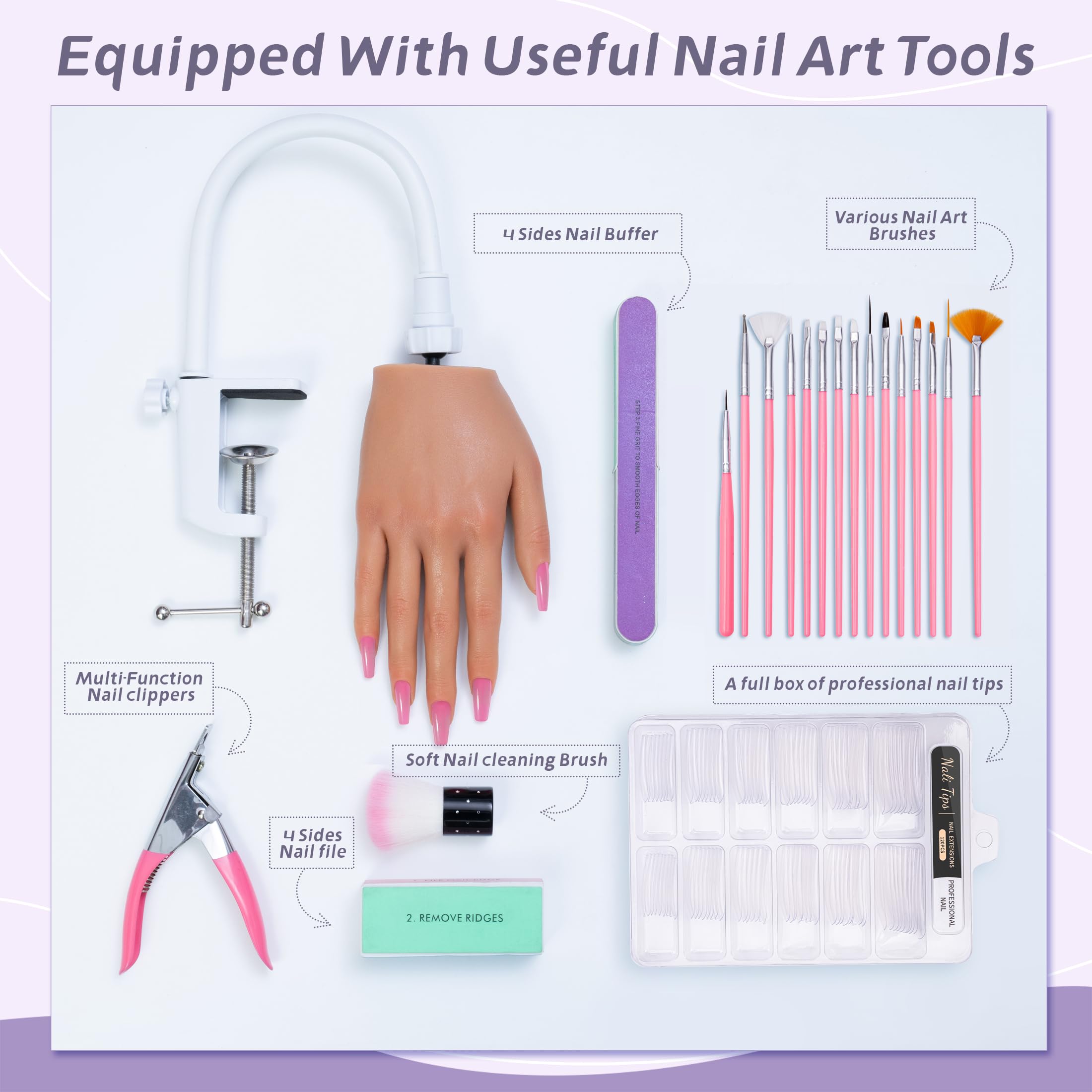Veikmv Nail Silicone Practice Hand For Acrylic Nails Training Fake Hand Nail Art Practice Tools Hand Tattooed Nail Jewelry Showcase Supplies Manicure Beginners suits