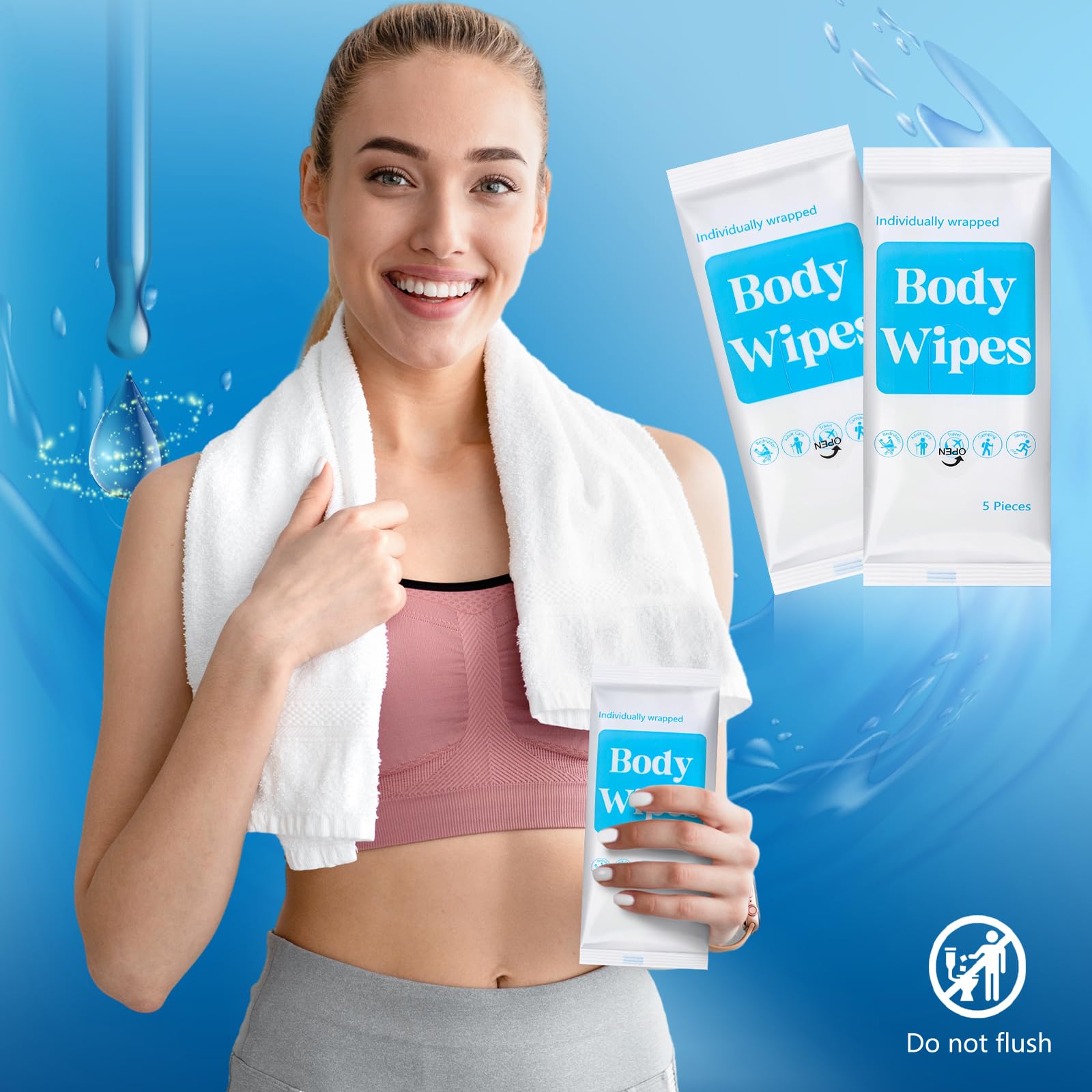 Threlaco 300 Pcs 60 Pack Body Wipes for Adults Bathing No Rinse Individually Wrapped Shower Wipes Washcloth with Aloe Cleansing Body Wash Cloths Disposable Bulk Deodorant Homeless(White Background)