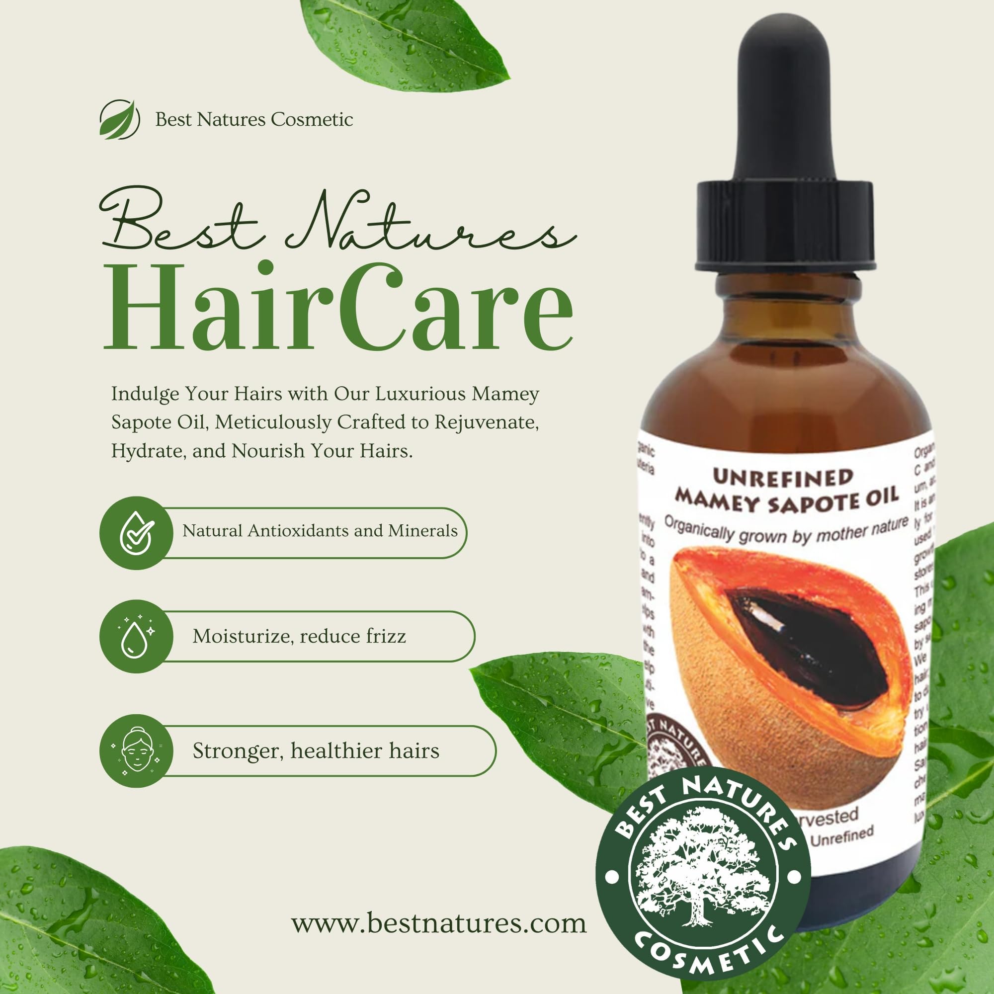 Best Nature's Cosmetics Mamey Sapote Oil Organic - revitalize dry skin and hair with deep moisture and frizz control. For curly, wavy hairs. 2 fl oz / 60ml