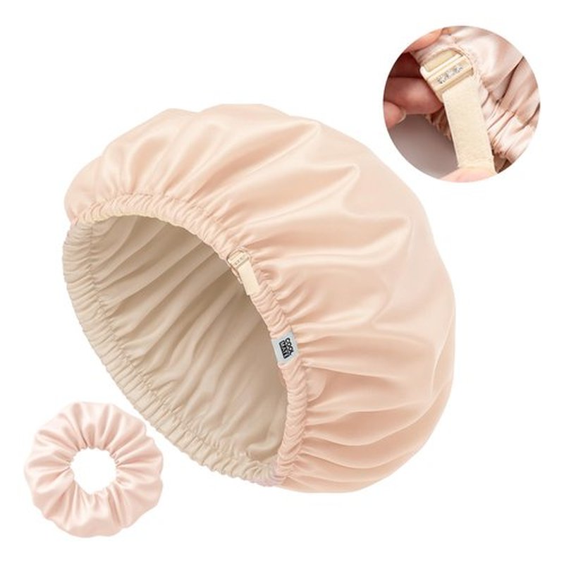 CoolMate Adjustable Satin Silk Bonnet for Sleeping Women, Tie Double Lined Silk Bonnet for Women Long Hair (Light Pink & Beige)