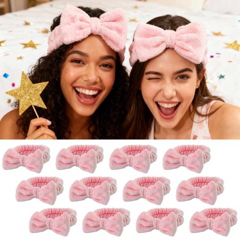 JHJEWH Spa Headbands,Makeup Headbands for Women,Facial Headband Bulk,Soft Coral Fleece Headband for Makeup,Cosmetic Head Wraps,Bow Hair Bands for Face Washing Shower Skin Care (pink, 12pcs)