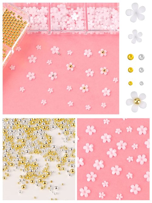 TOROKOM 3D Flower Nail Art Charms, White Acrylic Flower Rhinestones Metal Caviar Beads Nail Supplies Decorations for Women Girls Nail DIY