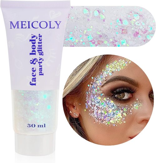 MEICOLY Clear White Body Glitter - Chunky Mermaid Face Glitter Gel for Concerts & Festivals | 50ml
