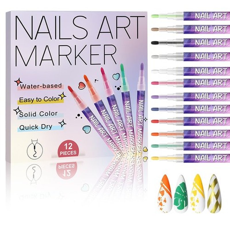 12 Colors Nail Art Pens Set, Nail Art Markers Polish Pen for 3D, Drawing Painting Liner Brush for DIY Beauty Adorn Manicure Tools
