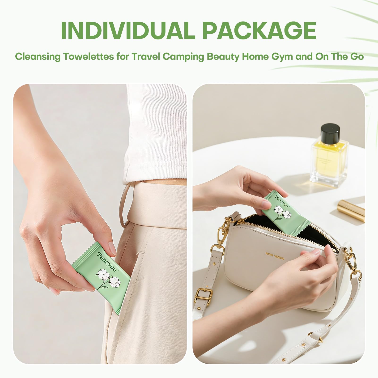 fancyou Disposable Face Towel Thicken 50 Pack Compressed Towel Tablets Reusable, Mini Disposable Facial Washcloths Compact Individually Wrapped Clean Towels for Travel Camping Beauty Home Gym (Green)