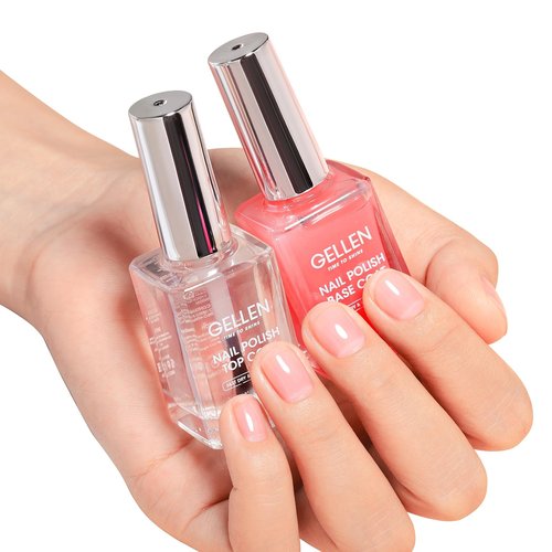GELLEN Clear Nail Polish Base Top Coat, Sheer Pink Tinted Base Coat & Shine No Wipe Top Coat Strengthen Thin Damaged Natural Nails, Quick Dry Regular Nail Polish Non UV Gel, TPO & Hema Free, Non-toxic