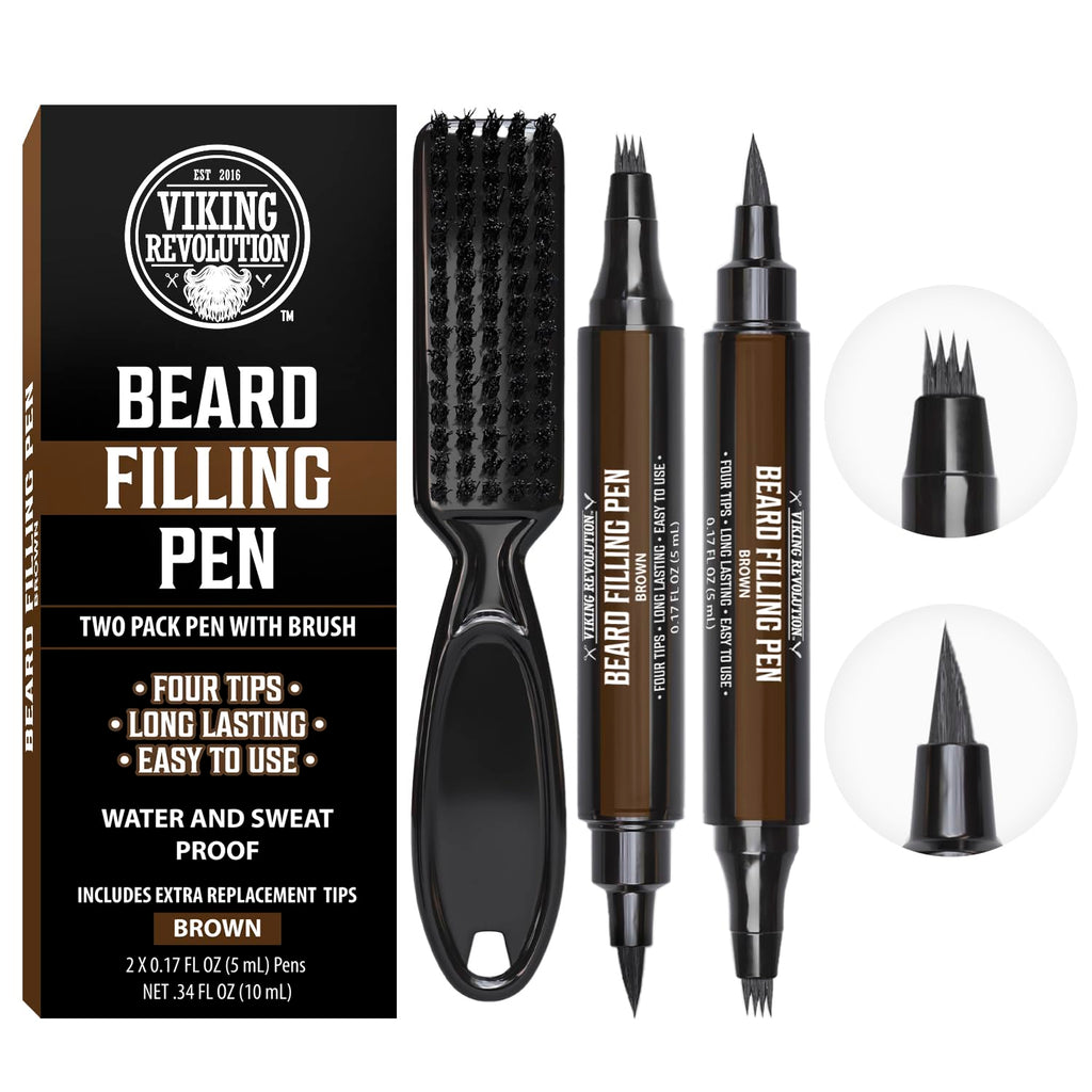 Viking Revolution Beard Pen (2 Pack) - Brown Beard Pencil Filler for Men Lapiz para Barba de Hombre - Beard Filler for Men Waterproof Beard Filling Pen Kit - Long Lasting Beard Filler Pen with Brush