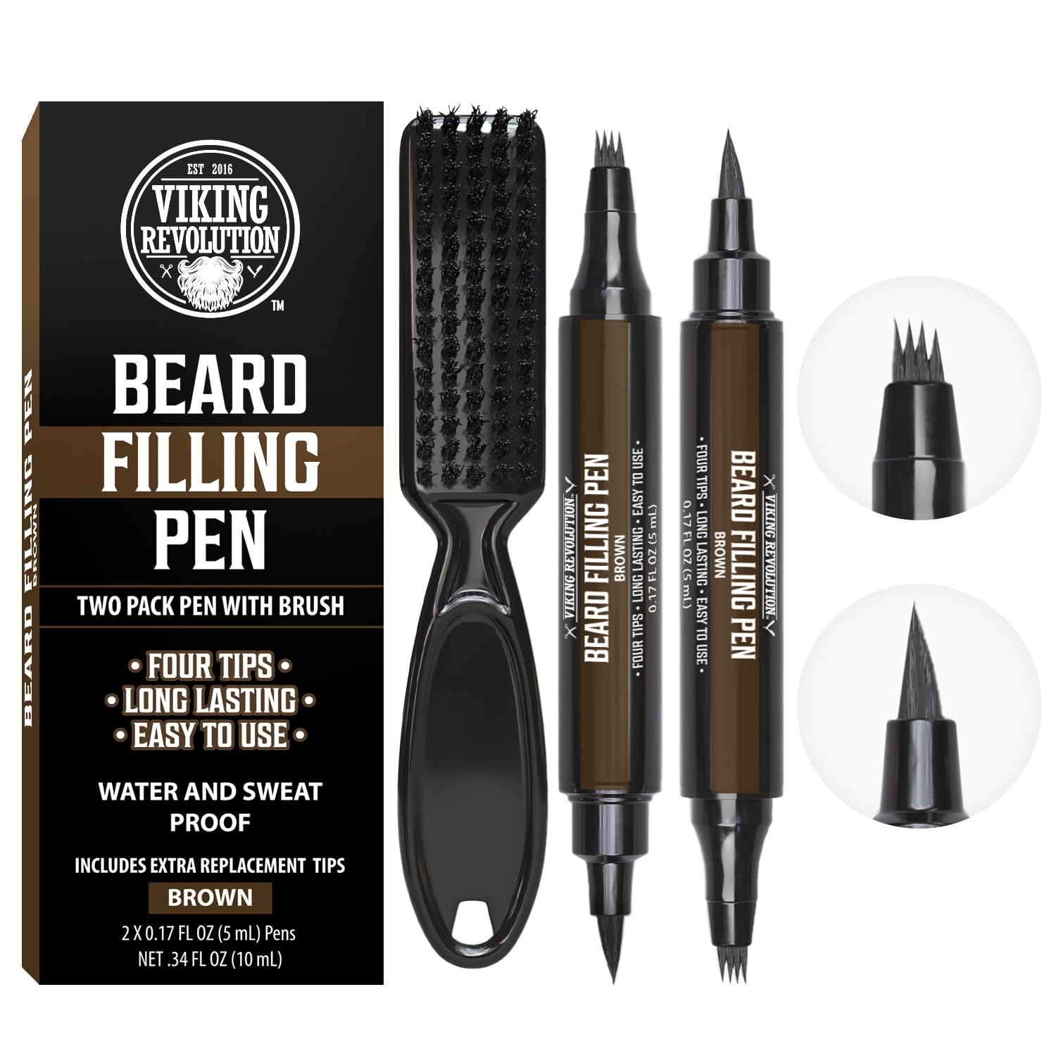 Viking Revolution Beard Pen (2 Pack) - Brown Beard Pencil Filler for Men Lapiz para Barba de Hombre - Beard Filler for Men Waterproof Beard Filling Pen Kit - Long Lasting Beard Filler Pen with Brush